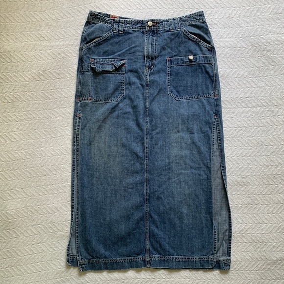 Lucky Brand Dresses & Skirts - Lucky Brand Womens 12 Denim Maxi Skirt Side Slits Y2K Western Cowgirl Country‎